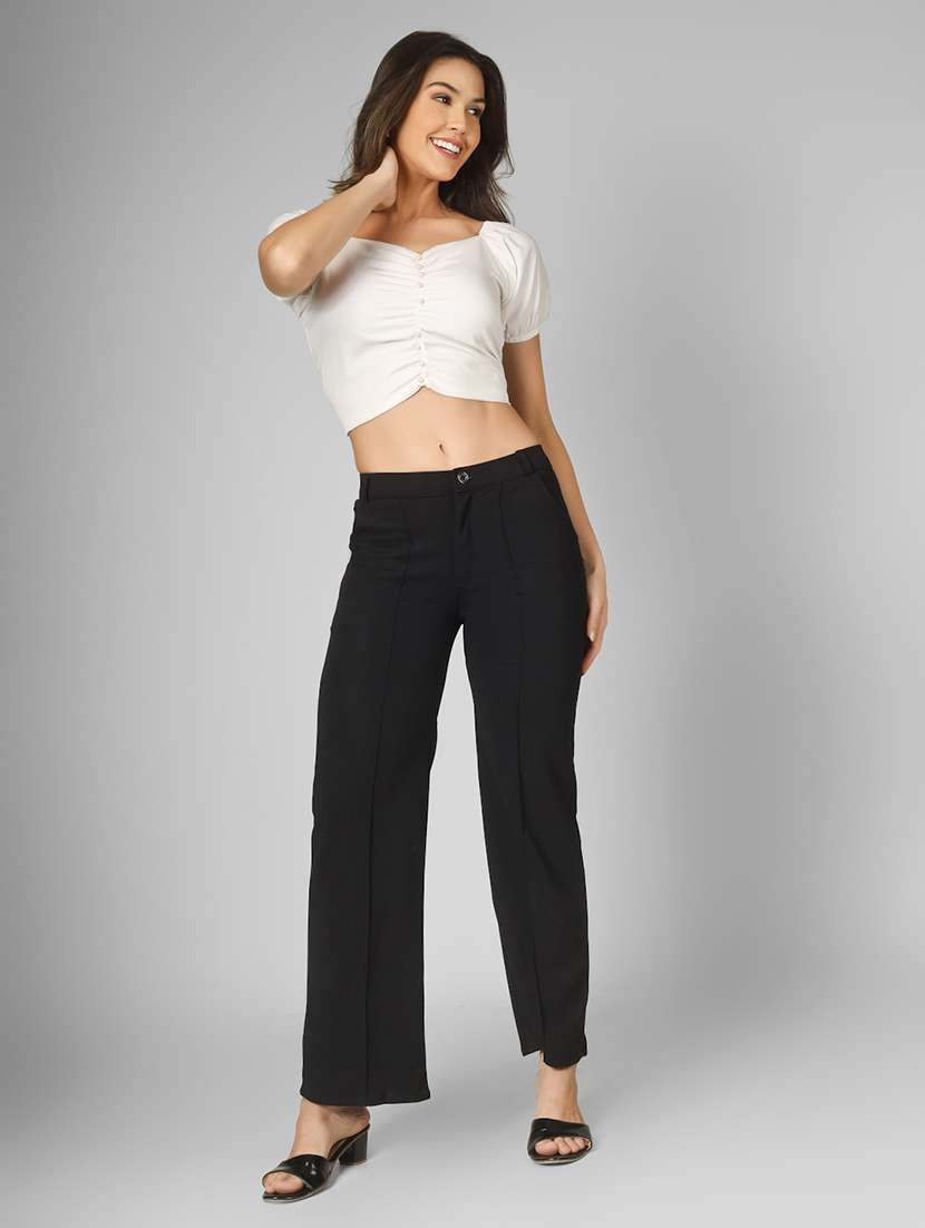 women solid high rise straight trouser - 22101814 -  Standard Image - 3