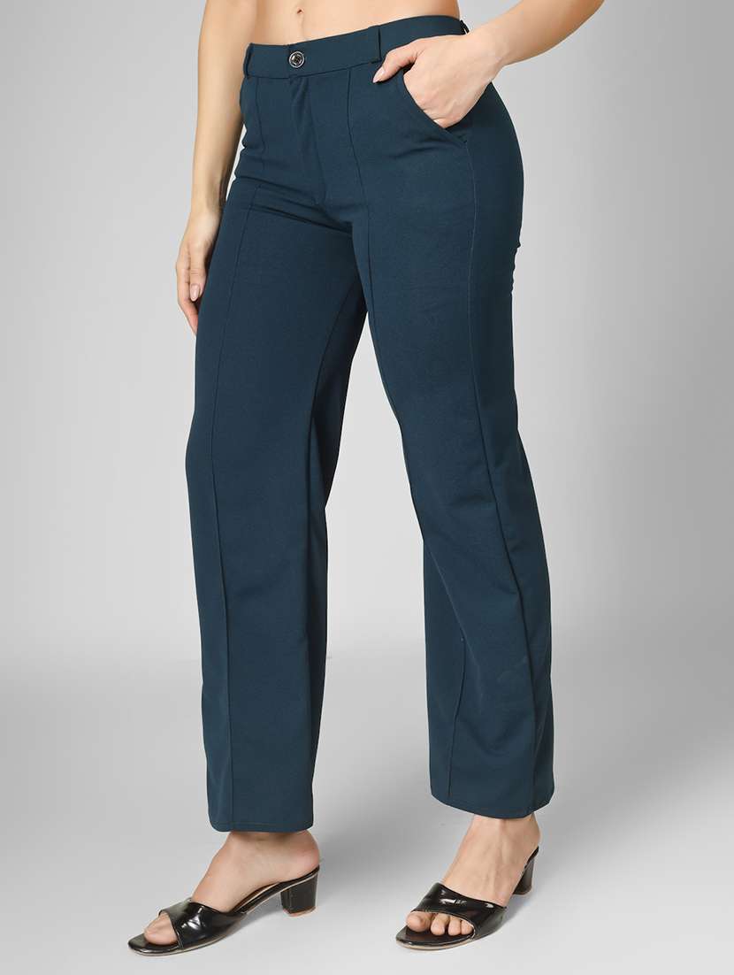 women solid mid rise straight trouser