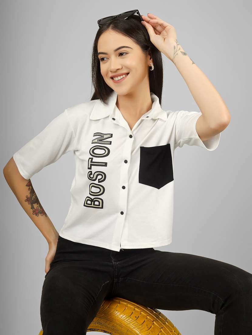 women printed short sleeve collared crop shirt - 22101823 - Zoom Image - 0