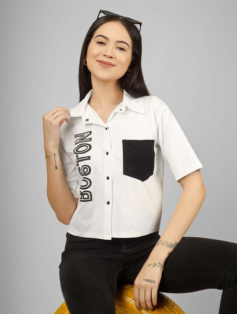 women printed short sleeve collared crop shirt - 22101823 - Standard Image - 3