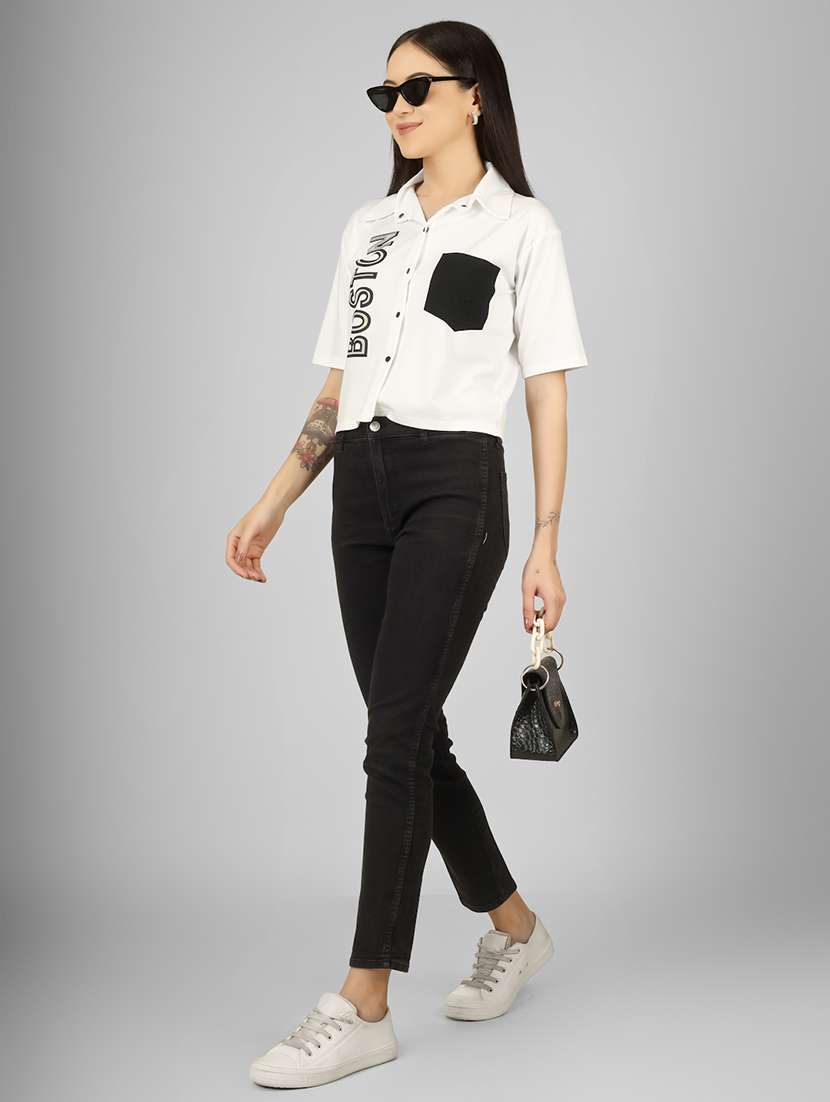 women printed short sleeve collared crop shirt - 22101823 - Standard Image - 5