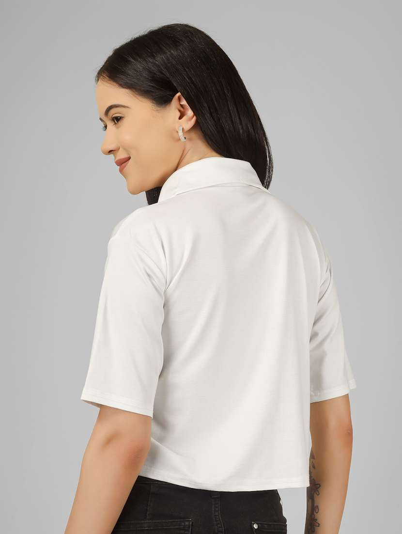 women printed short sleeve collared crop shirt - 22101825 -  Standard Image - 3