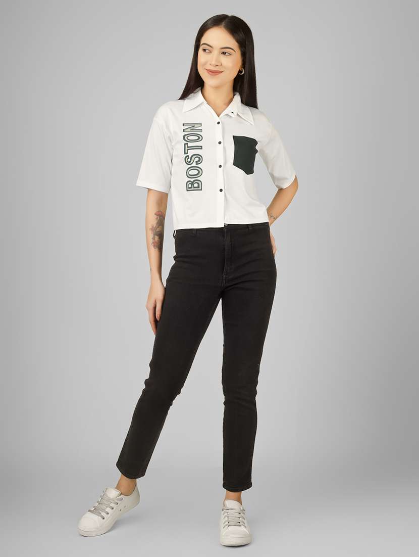 women printed short sleeve collared crop shirt - 22101825 -  Standard Image - 5