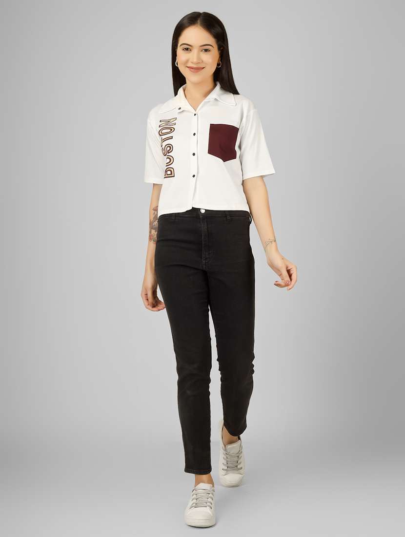 women printed short sleeve collared crop shirt - 22101826 - Standard Image - 5
