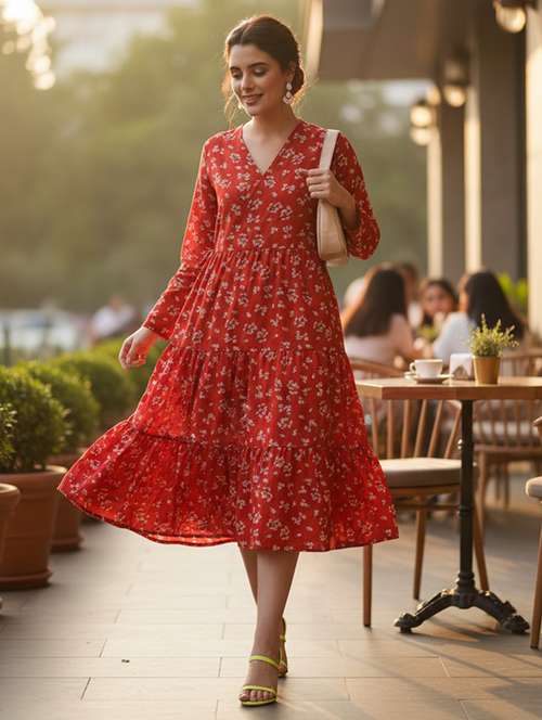 women printed long sleeve tiered dress - 22101849 -  Standard Image - 0