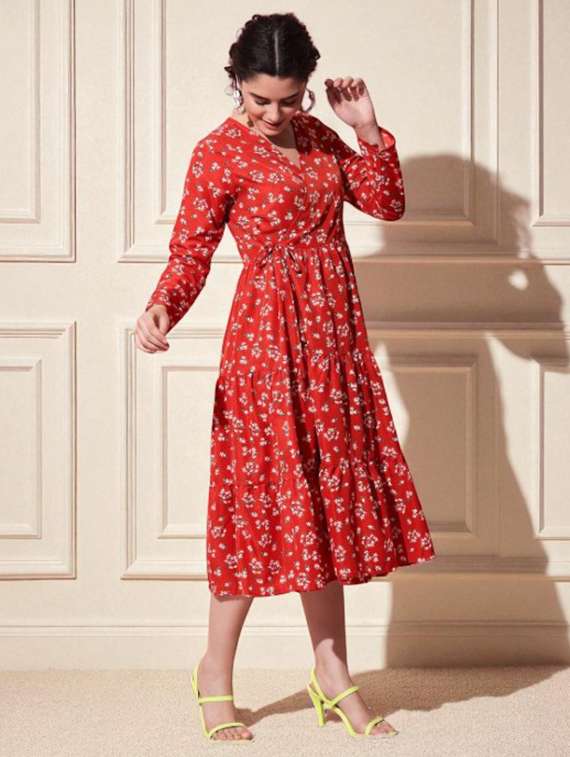 women printed long sleeve tiered dress - 22101849 -  Standard Image - 3