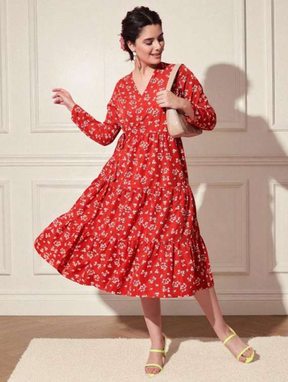 women printed long sleeve tiered dress - 22101849 -  Standard Image - 5