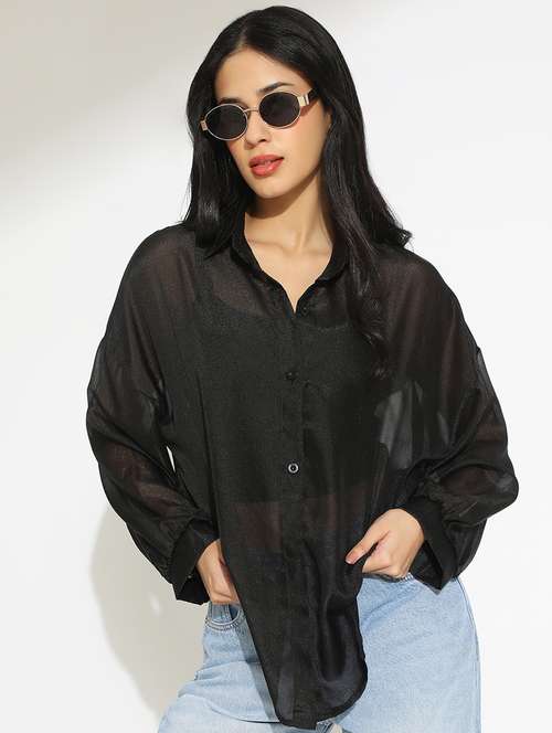 women solid collared long sleeve sheer shirt - 22101914 - Standard Image - 0