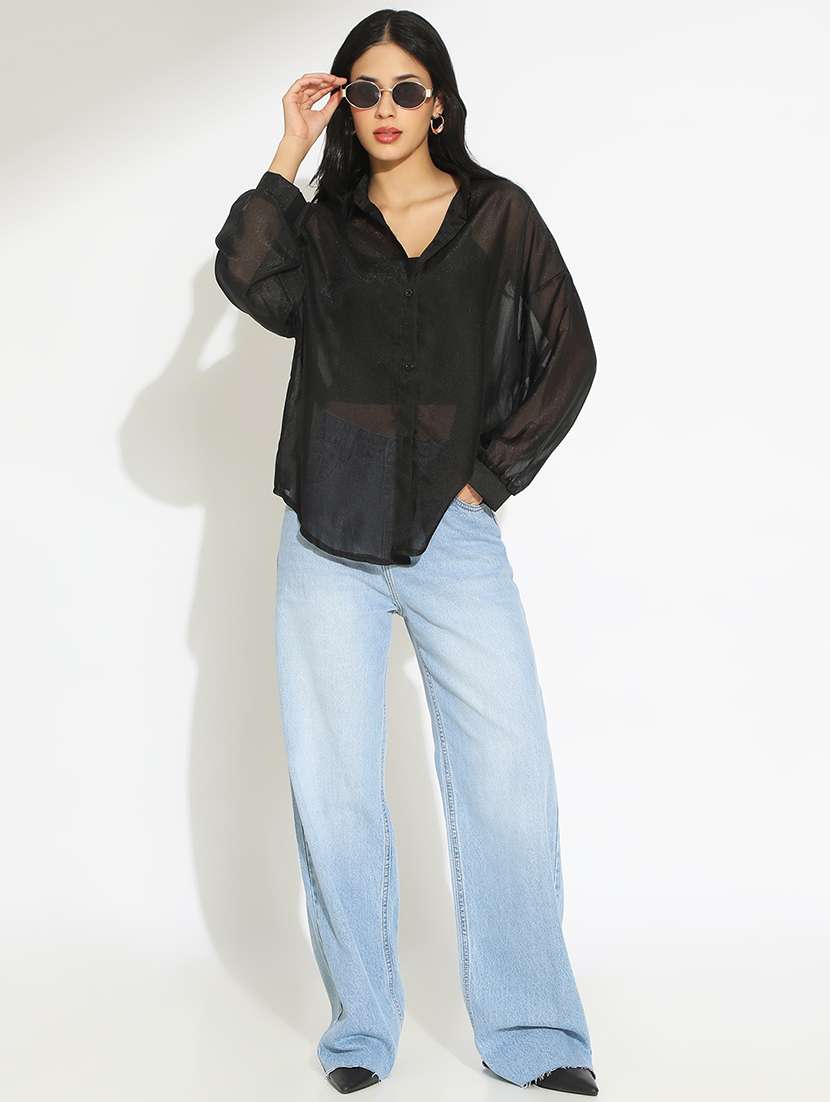 women solid collared long sleeve sheer shirt - 22101914 - Standard Image - 5