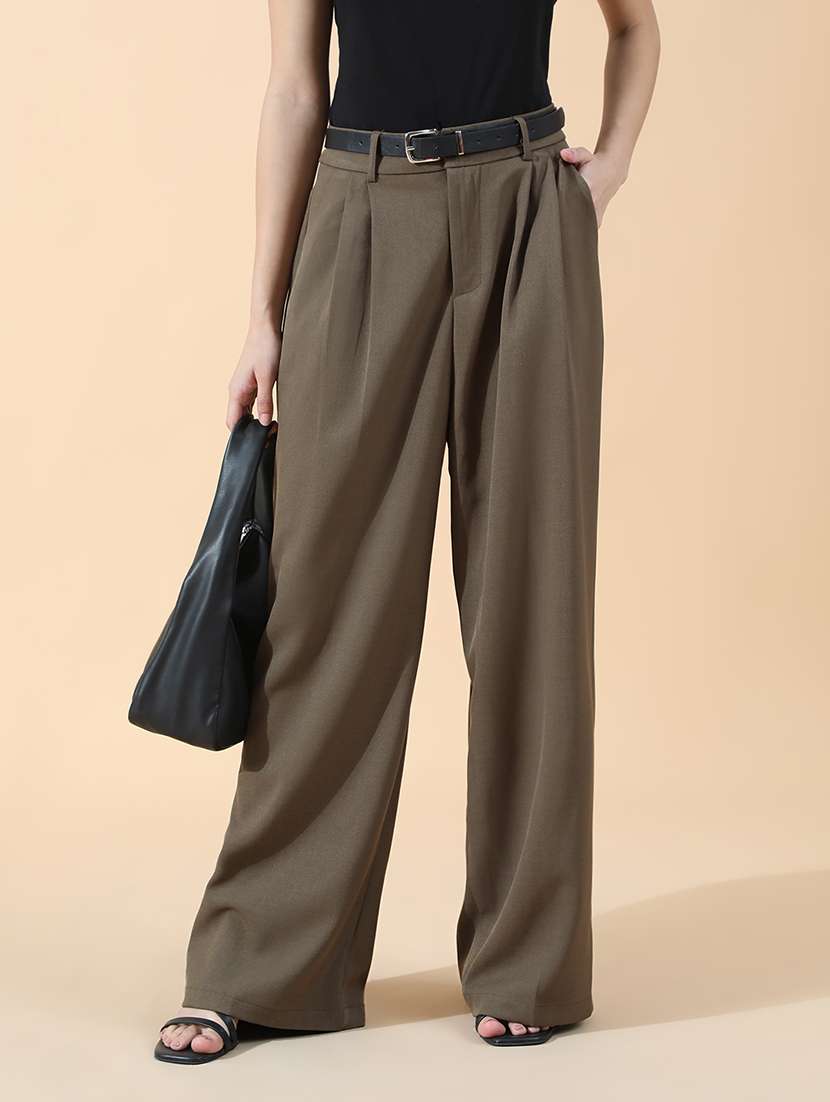 women solid high rise korean pants - 22101915 -  Zoom Image - 0