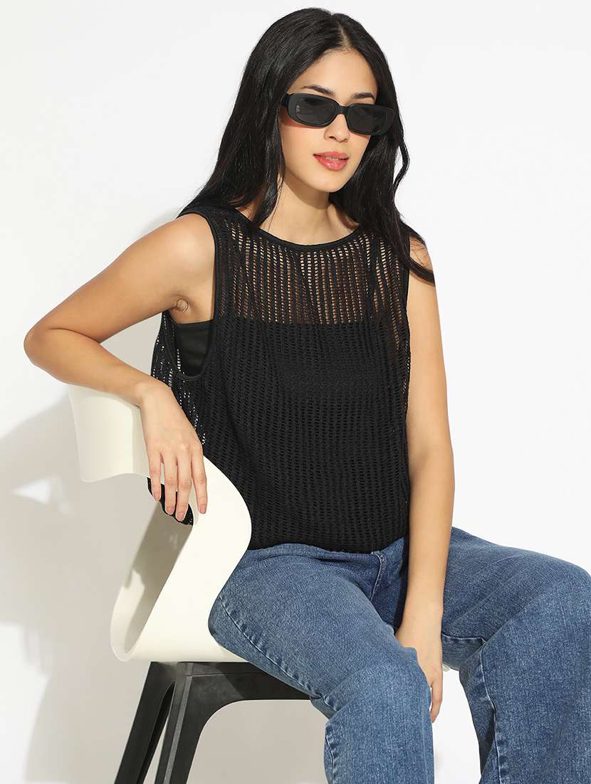 women solid sleeveless crochet top - 22101925 -  Zoom Image - 0