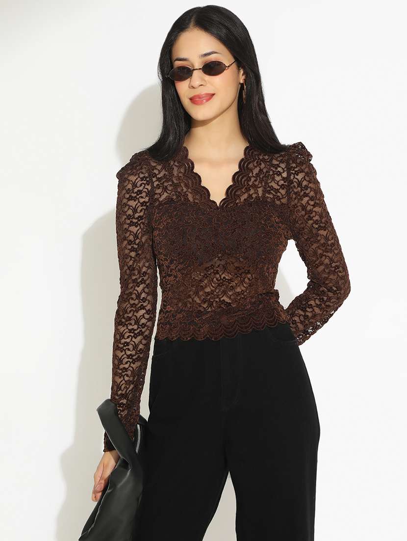 women solid puff sleeve sheer lace top