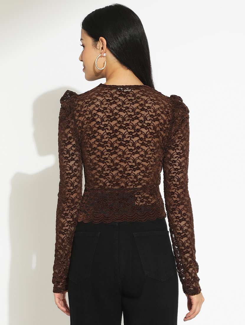 women solid puff sleeve sheer lace top - 22101928 -  Standard Image - 3