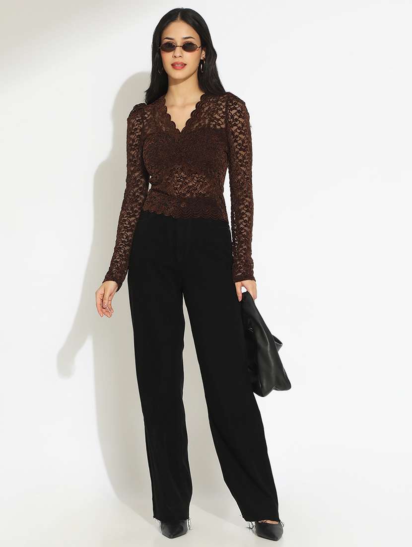 women solid puff sleeve sheer lace top - 22101928 -  Standard Image - 5