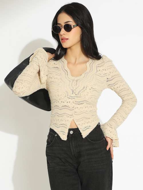 women self designed bell sleeve sheer lace top - 22101930 - Standard Image - 0