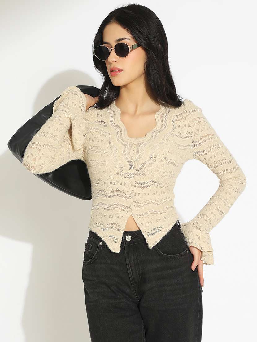 women self designed bell sleeve sheer lace top - 22101930 - Zoom Image - 0