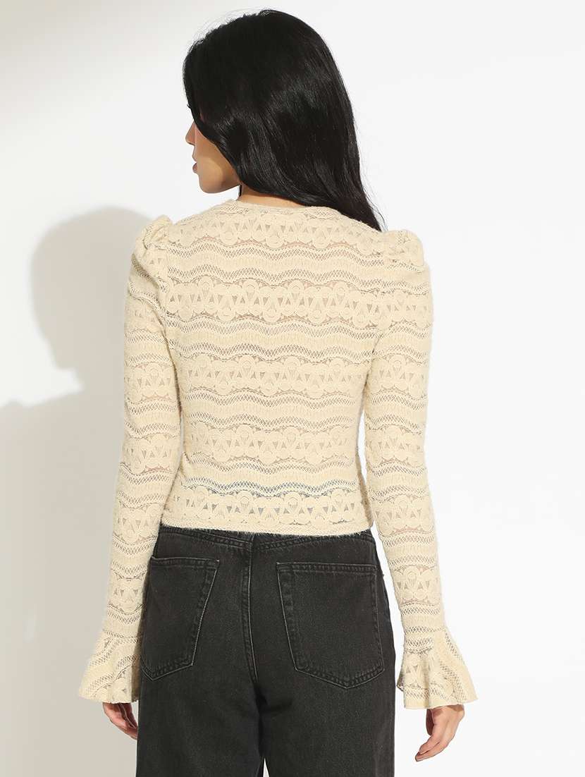 women self designed bell sleeve sheer lace top - 22101930 - Standard Image - 3