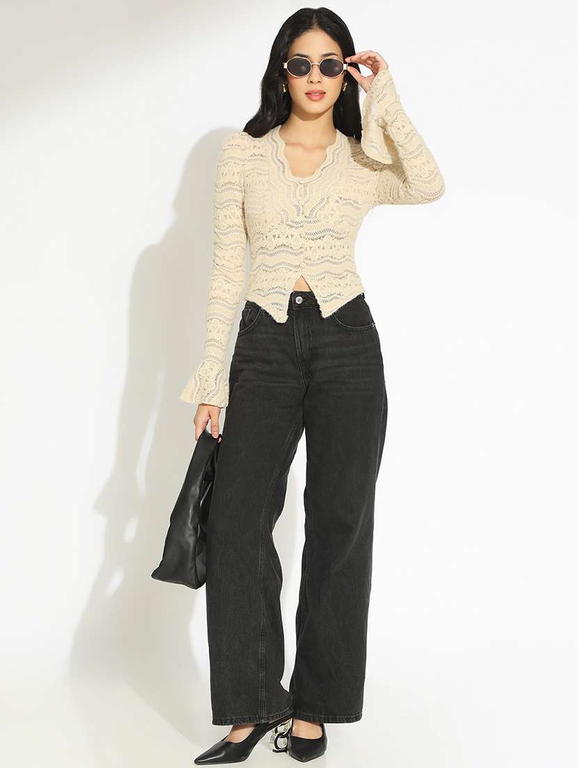 women self designed bell sleeve sheer lace top - 22101930 - Standard Image - 5