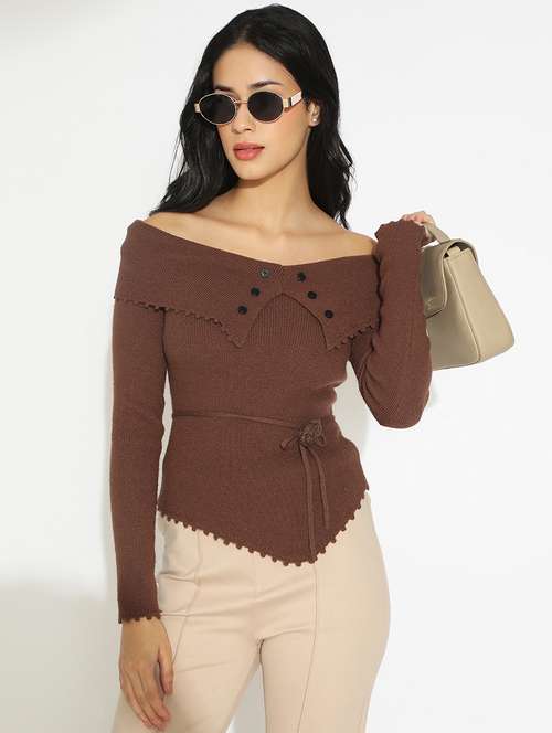 women's brown fitted top with waist tie-up - 22101932 -  Standard Image - 0