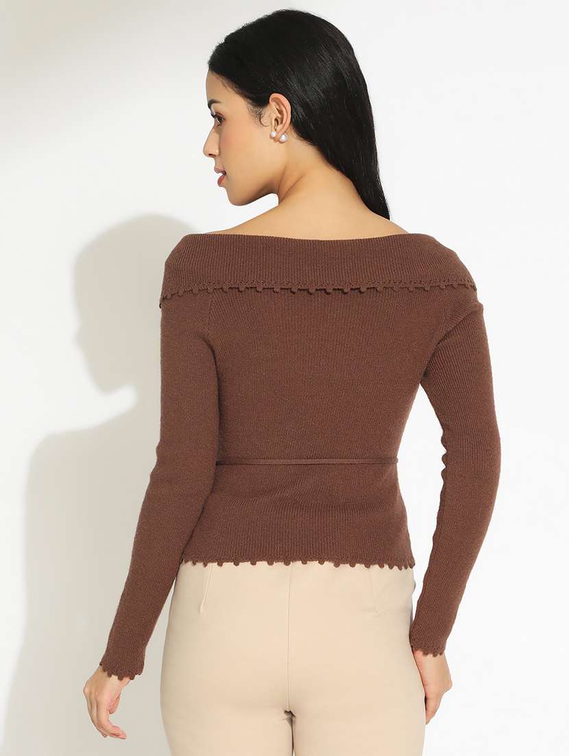 women's brown fitted top with waist tie-up - 22101932 -  Standard Image - 3