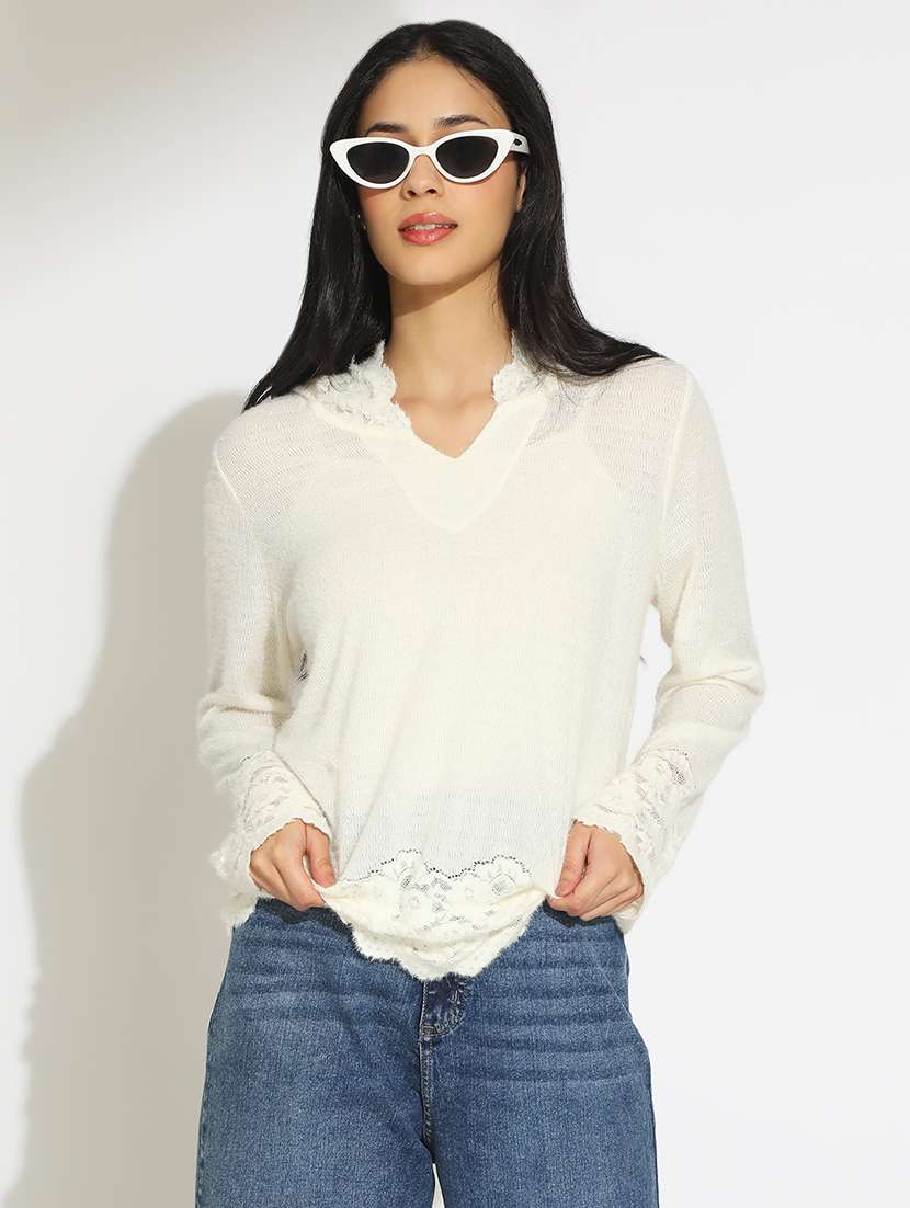 women's solid off white semi sheer top