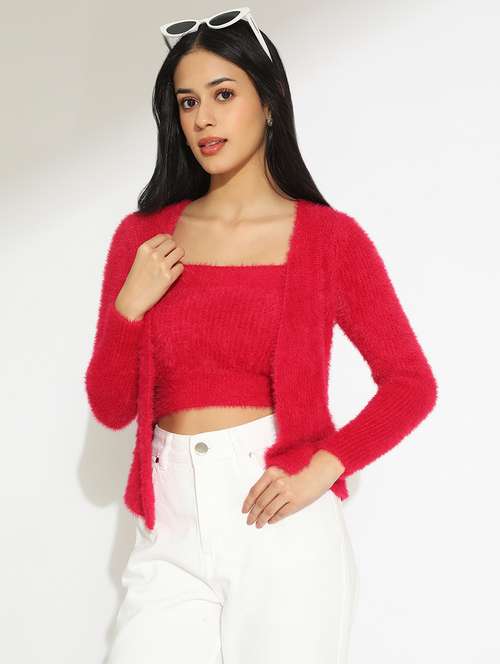 women solid shoulder strap crop top with shrug - 22101941 -  Standard Image - 0