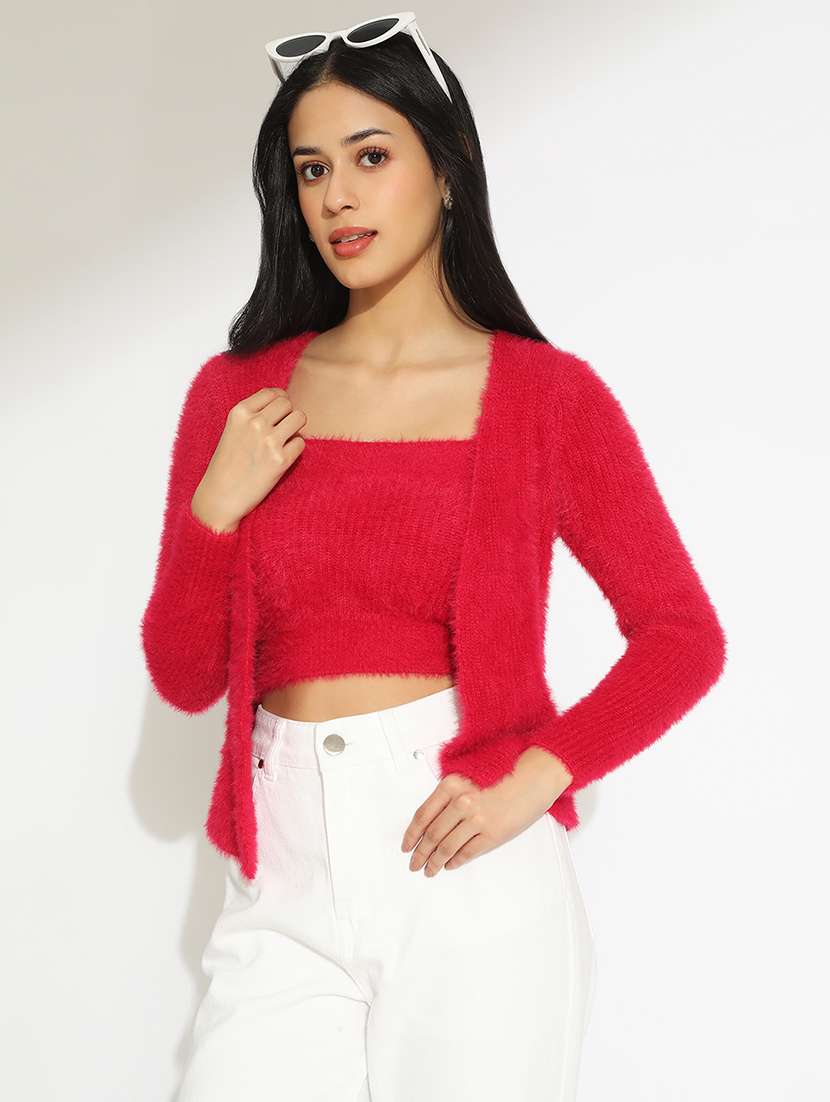 women solid shoulder strap crop top with shrug - 22101941 -  Zoom Image - 0
