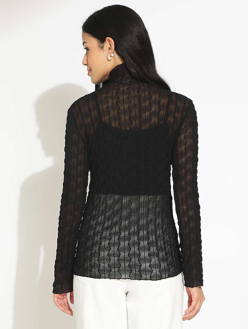 women self desigmed long sleeve high neck sheer top - 22101942 -  Standard Image - 3