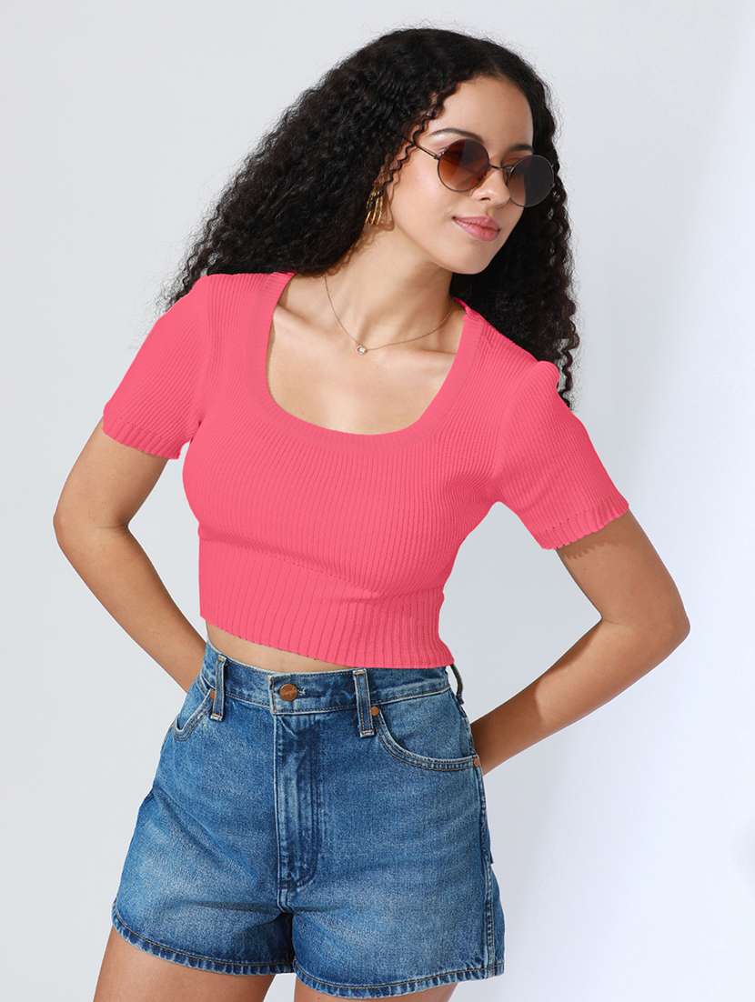 women solid short sleeve crop top