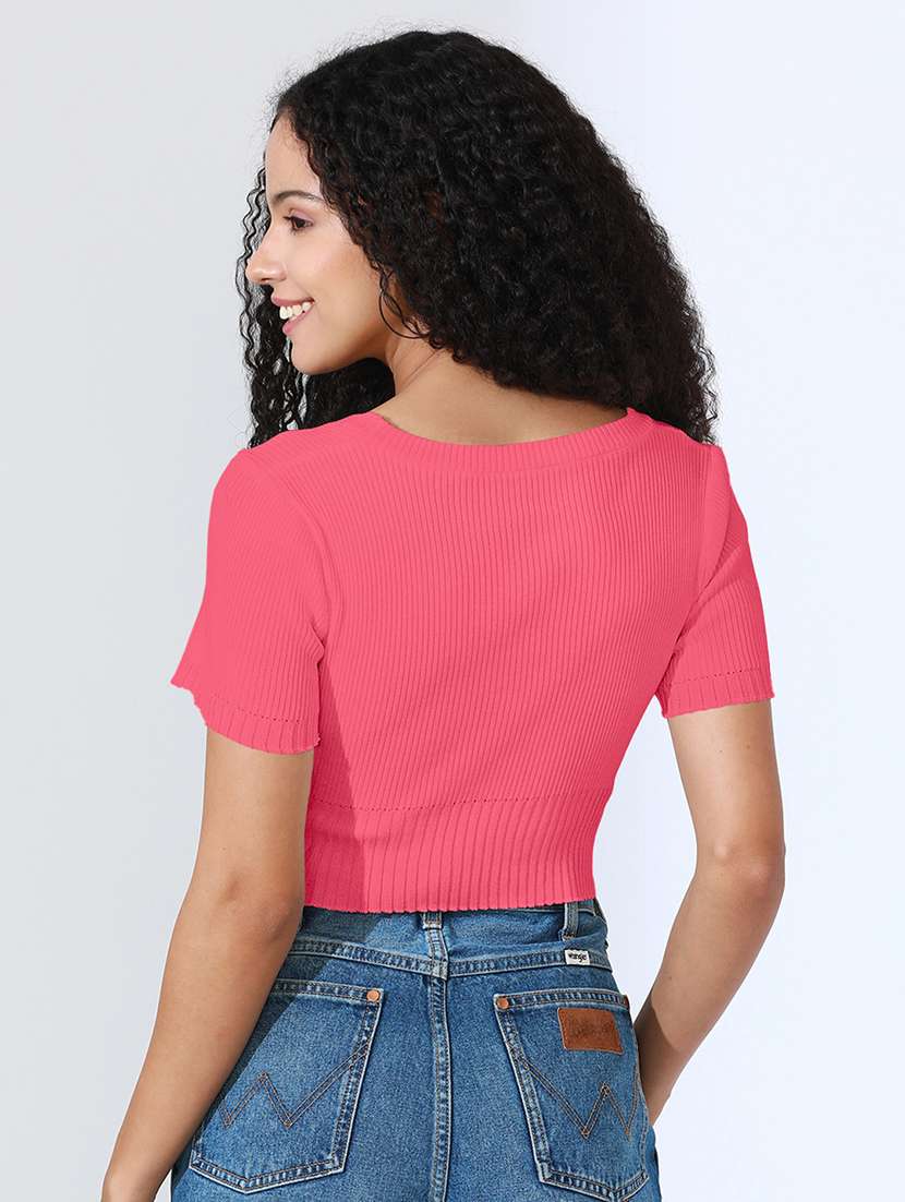 women solid short sleeve crop top - 22101950 - Standard Image - 3