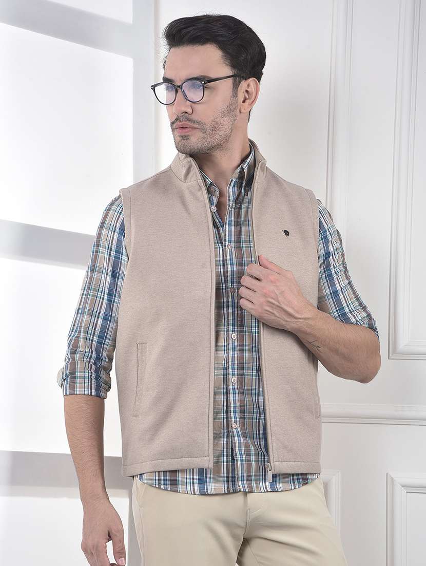 men solid sleeveless regular fit casual jacket