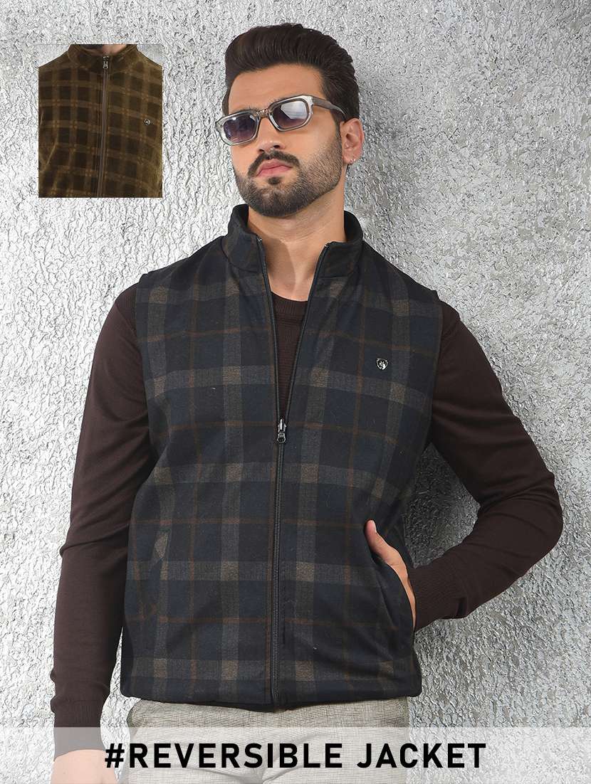 men checkered long sleeve reversible puffer jacket