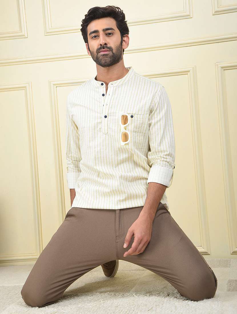 men strpied mandarin neck short kurta - 22102002 -  Standard Image - 5