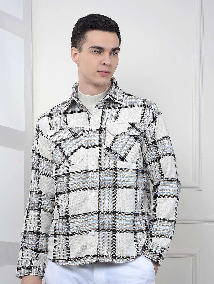 men checkered collared long sleeve shacket