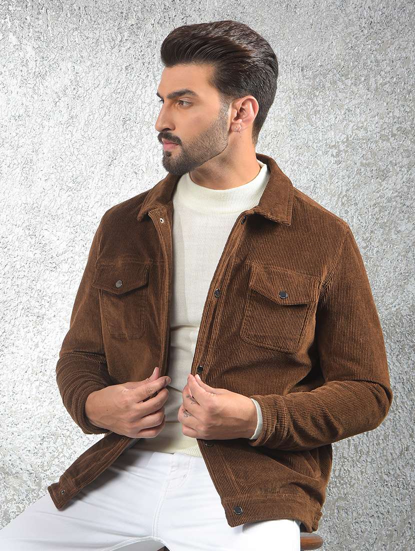 men brown solid collarerd long sleeve shacket