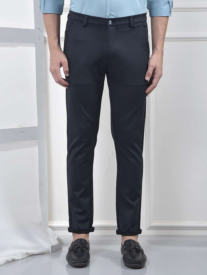 men solid mid rise flat front chinos trouser