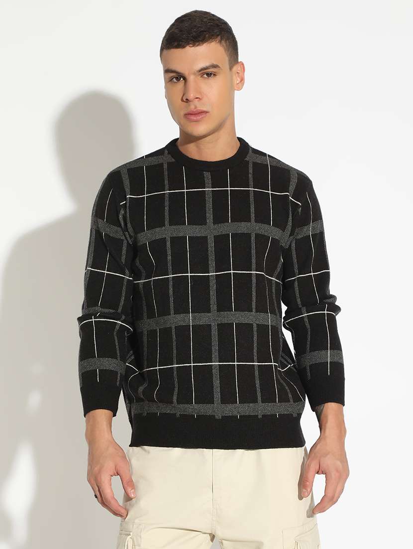men checkered long sleeve regular fit pullover