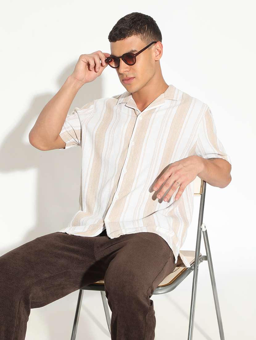men striped short sleeve loose fit casual shirt