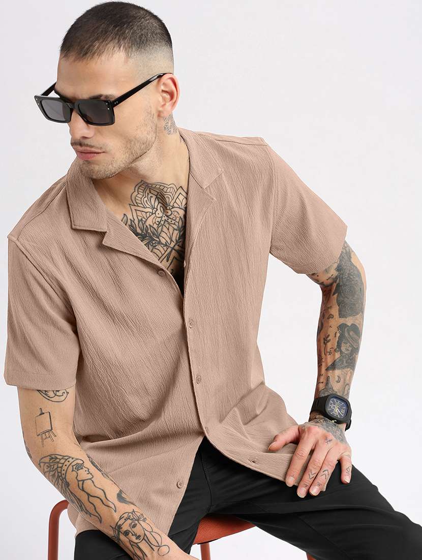 men solid short sleeve loose fit casual shirt