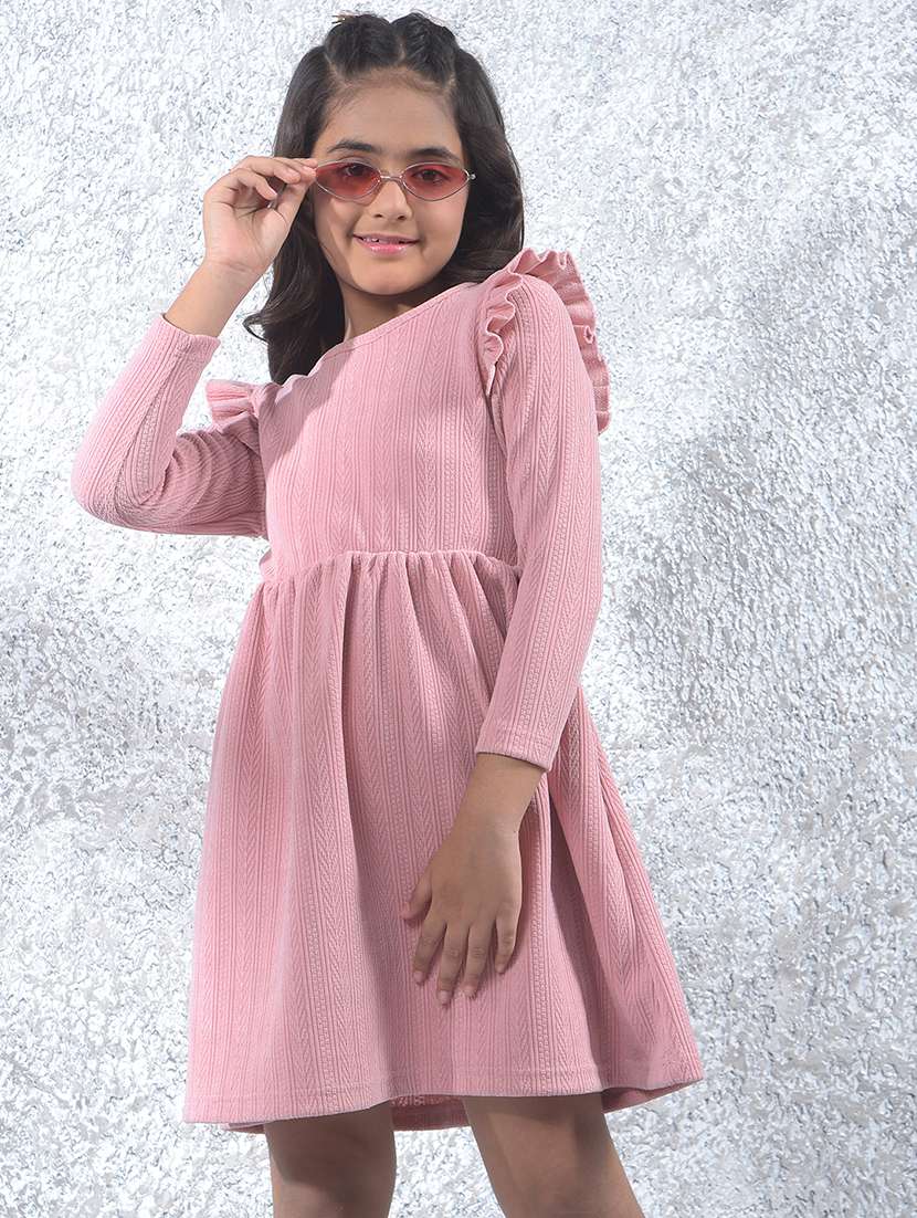 girls solid long sleeve a-line dress
