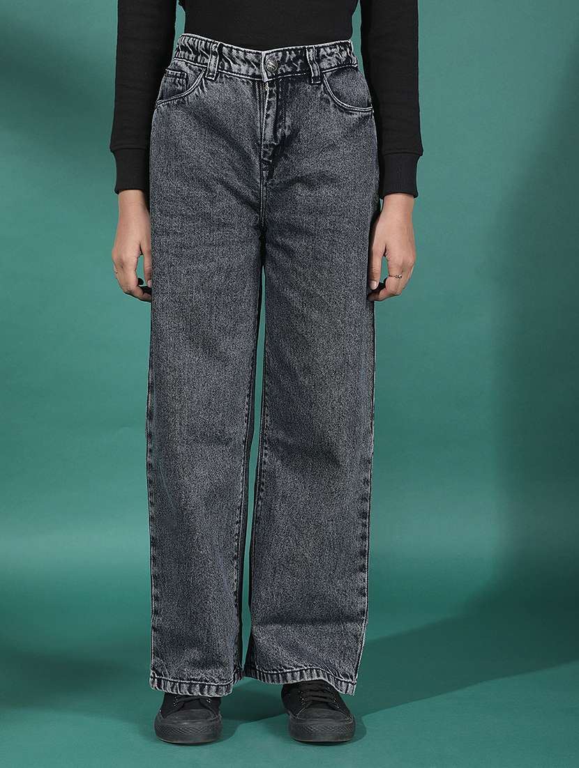 girls solid mid rise wide leg jean