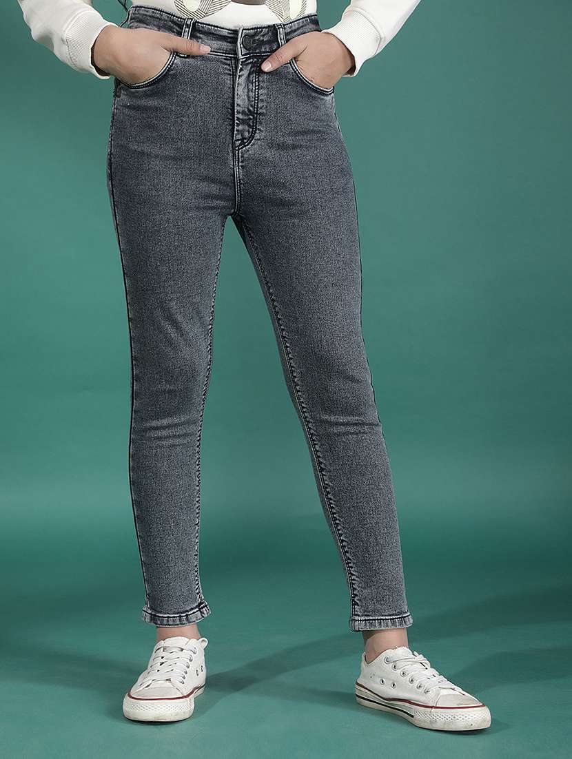 girls solid mid rise slim fit jean