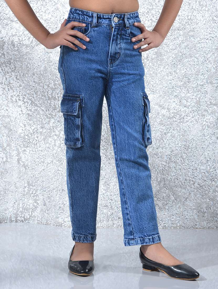 girls solid mid rise denim cargo