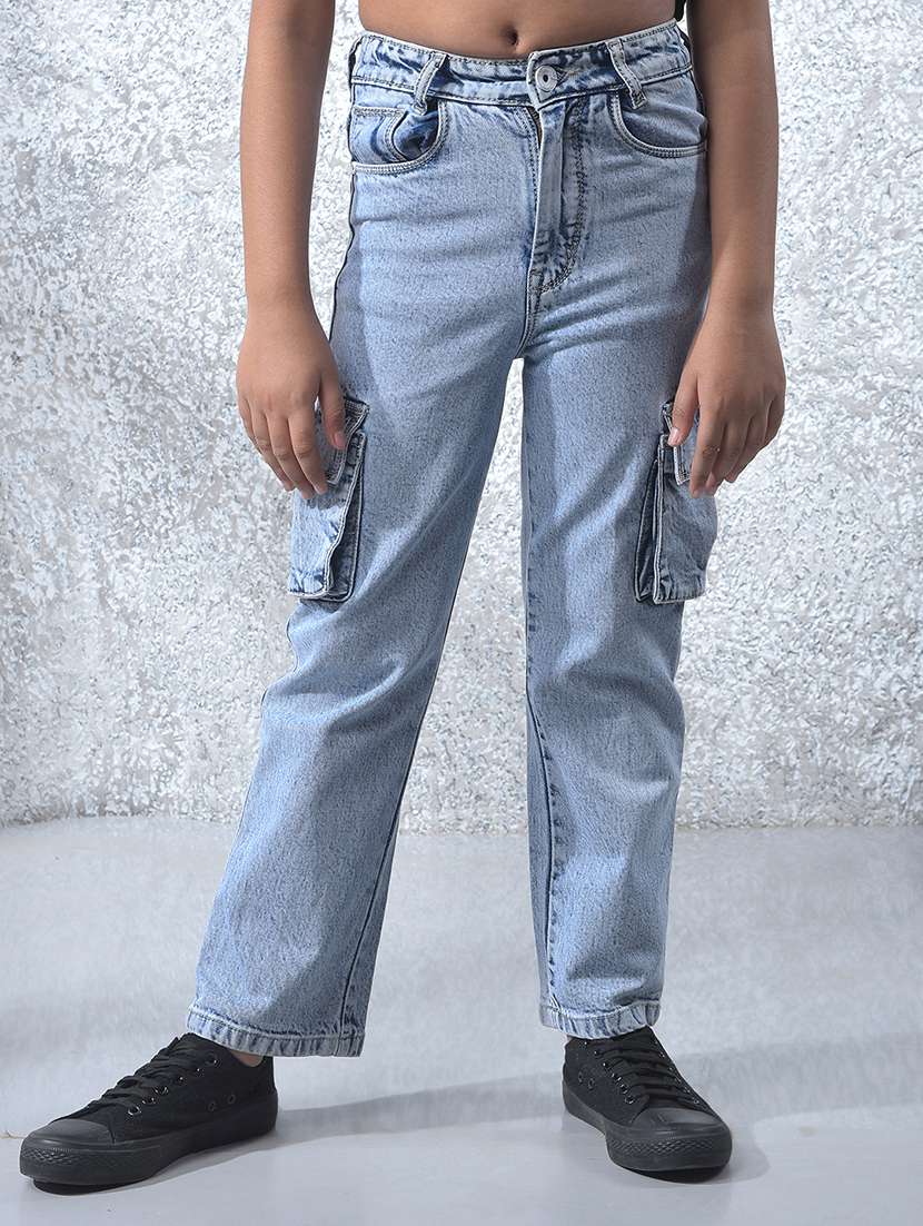 girls solid mid rise denim cargo 