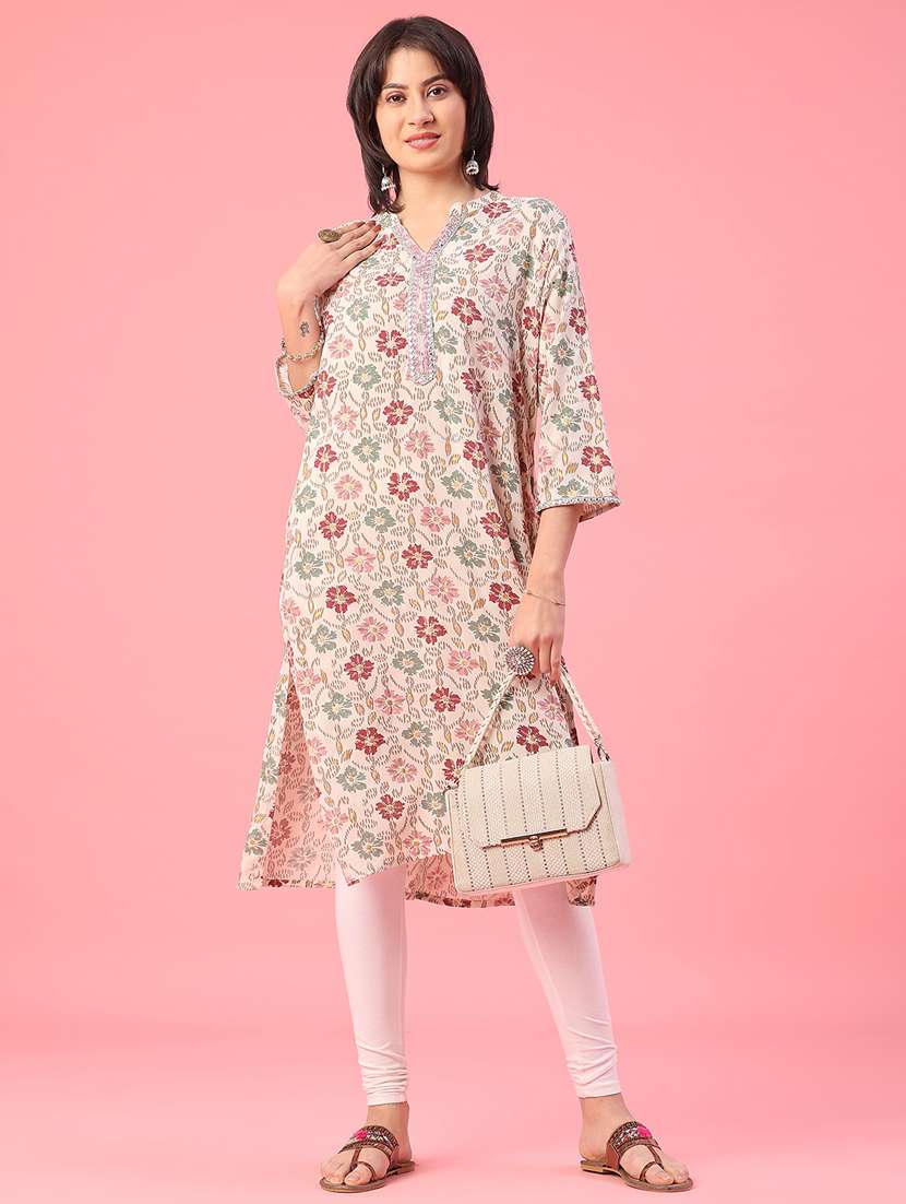 women floral printed three quarter sleeve straight kurta