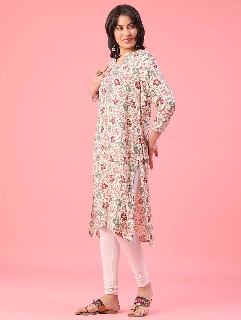 women floral printed three quarter sleeve straight kurta - 22102869 -  Standard Image - 3