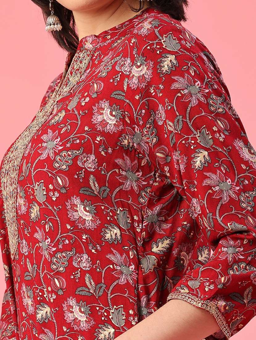women floral printed three quarter sleeve straight kurta - 22102870 -  Standard Image - 5