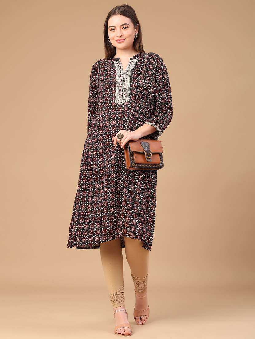 women printed three quarter sleeve a-line kurta