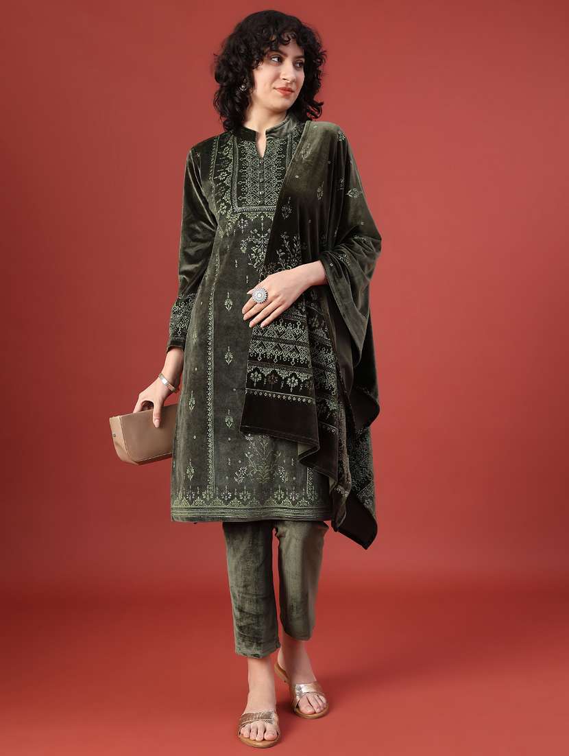 women printed long sleeve kurta pant with dupatta set