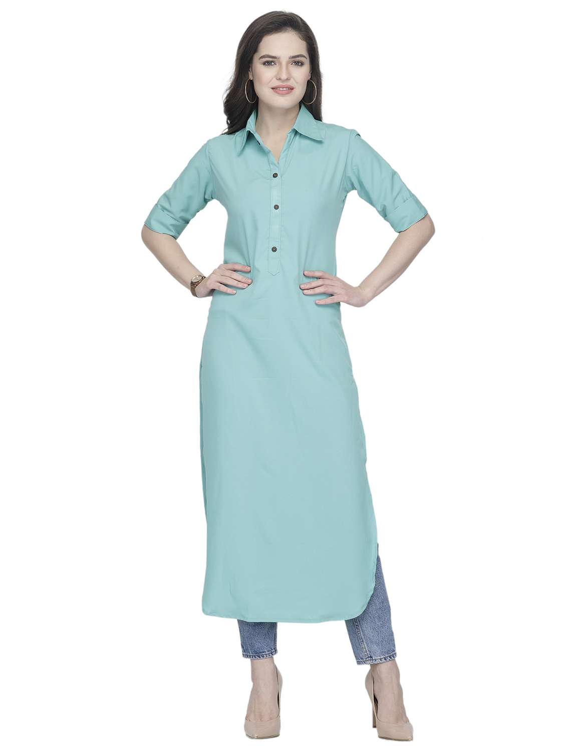 women solid short sleeve straight kurta